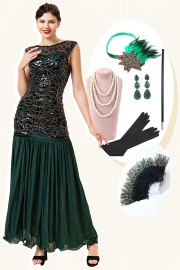 1920s Vestido Verde Com Conjunto de Acessórios